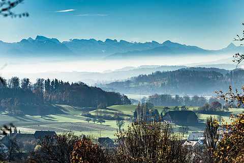 Blick vom Sädel in die Alpen
